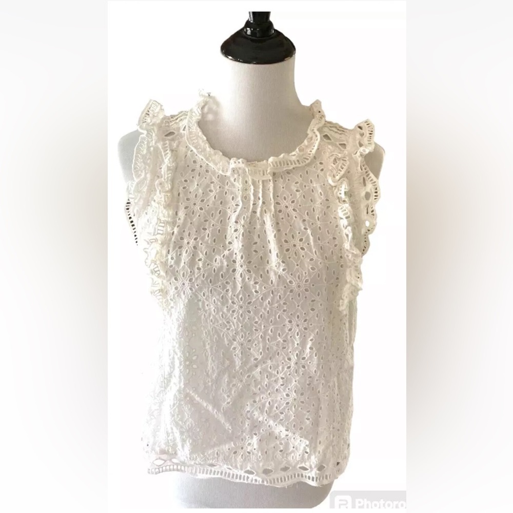 Womens Maeve Size 10 Top Blouse White Lace Crop Sleeveless Button Neck Ruffle